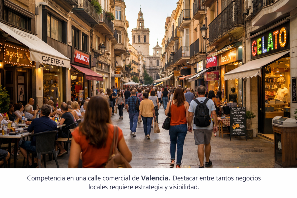 Calle comercial de Valencia con numerosos negocios locales y personas caminando entre tiendas y restaurantes.