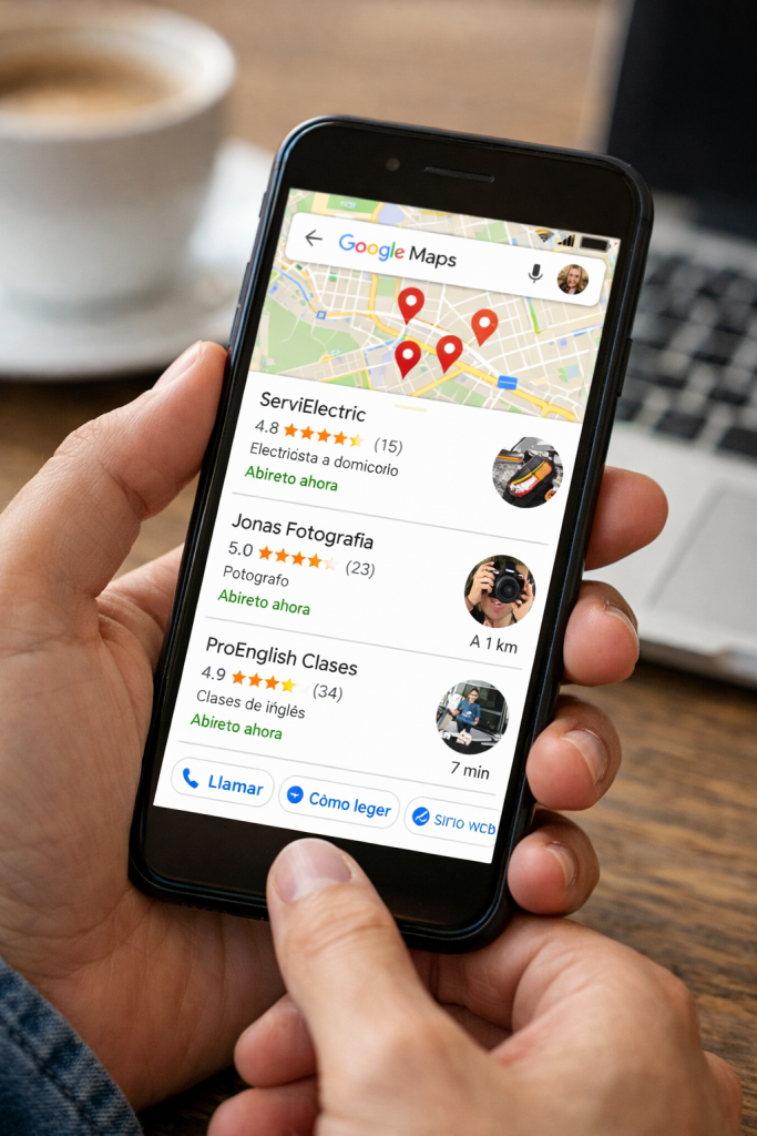 Persona usando Google Maps en el móvil para encontrar servicios locales como electricistas, fotógrafos y clases de inglés