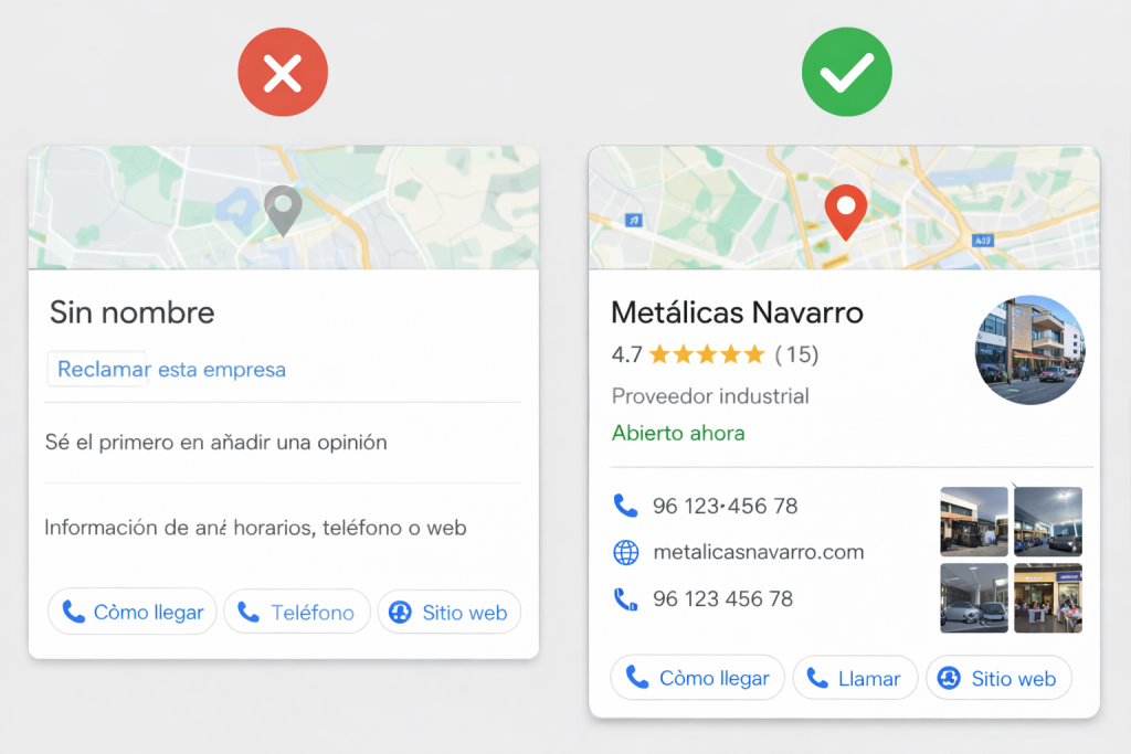 Comparativa de una ficha buena y mala en Google Maps de un negocio B2B
