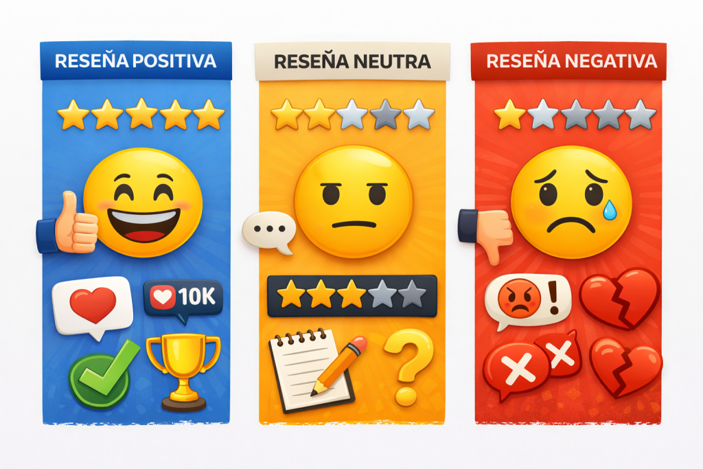 Infografía profesional con ejemplos de reseñas positivas, neutras y negativas representadas con estrellas e iconos